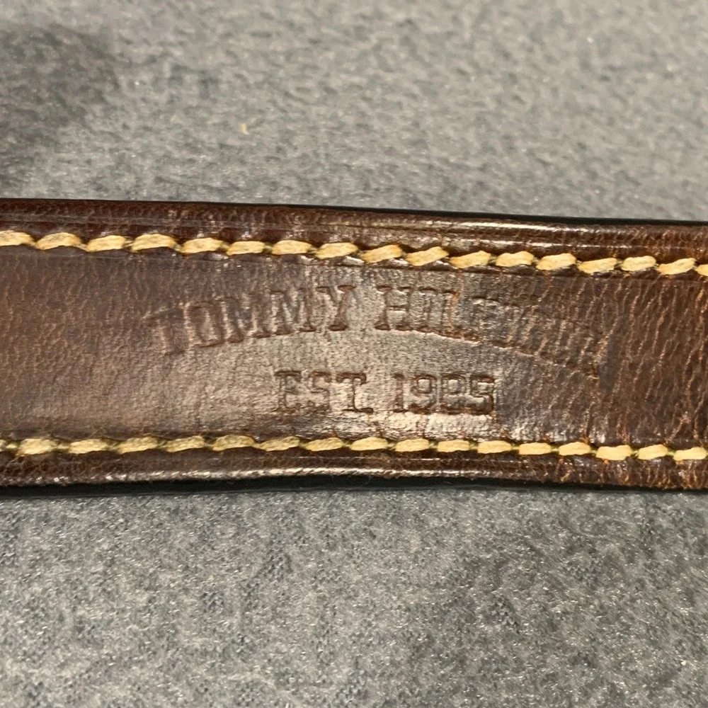 Tommy Hilfiger Mens XL Brown Leather Belt Solid Brass Buckle Grunge Rustic‎